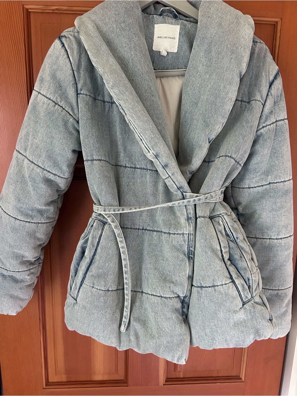 Avec Les Filles Light Wash Quilted Puffer Jacket with Belt